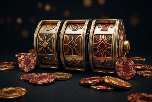 Casino reels and reward tokens against a dark backdrop